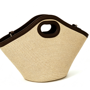 Customized Cut‑out handle <b>straw</b> tote <b>bag</b>, trapezoidal woven <b>straw</b> handbag, faux leather trim <b>straw</b> shopper - Product Image 1