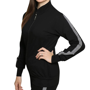 Ensemble de survêtement rayé noir pour femme, sweat-shirt sport à col roulé et fermeture éclair à manches longues et pantalon, respirant en polyester et élasthanne - Product Image 5