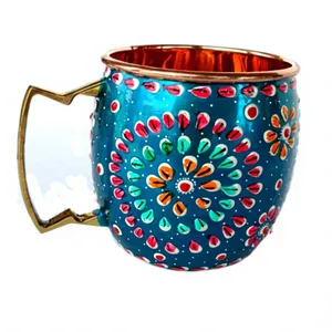 Taza de cobre con diseño floral, base verde, flores rosas y azules, asa pintada a mano, para uso doméstico, ecológica. - Product Image 2