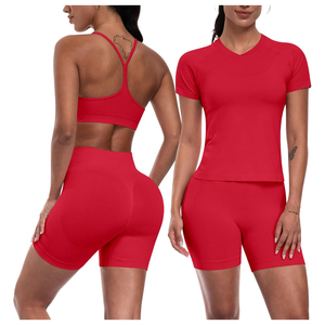 <b>Blue</b> 3 Piece Yoga Set Racerback Sports <b>Bra</b> Crop Top High Waist Shorts Seamless Activewear Solid Color Breathable Workout Wear - Product Image 2
