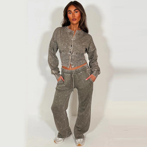 Ensemble vintage délavé à l'acide pour femme : sweat à capuche court et pantalon large, tenue décontractée streetwear ample - Product Image 3