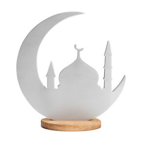 Decoración de mezquita de luna creciente de plata cepillada, pieza de exhibición islámica de Ramadán Eid, arte de mesa musulmán moderno con base redonda de madera - Product Image 1