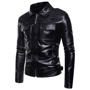 Veste en cuir pour homme, col rabattu, fermeture éclair, coupe ajustée, style motard, couleur unie, manches classiques, automne - Product Image 5