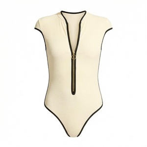 Women's Cream One-Piece Bodysuit Deep V Neck Contrast Binding Zipper Front Knitted Stretch Swimwear - Product Image 1