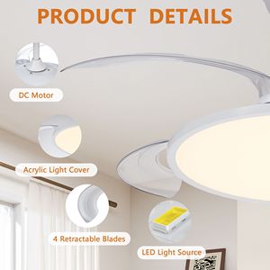 Ventilateur de plafond LED 42 pouces avec éclairage, montage encastré, DC réversible, 3 températures de couleur, faible bruit, télécommande rétractable - Product Image 5