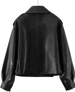 Veste moto en cuir PU pour femme, manches longues, col rabattu, couleur unie, style automne, coupe courte, coupe-vent - Product Image 6
