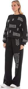 Wicked <b>Women</b>’s, Ladies & Juniors <b>Black</b> 2-Piece Cropped Sweatshirt & Wide-Leg Jogger <b>Set</b> with Iridescent Rhinestones - Product Image 6