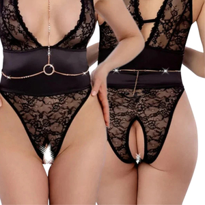 Women's Black Lace Bodysuit With Rhinestone Decoration See Through Sexy Lingerie Sheer Bodysuits - Product Image 5