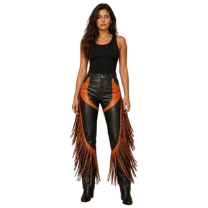 Pantalon en cuir noir et rouge à franges pour femme, style western cowgirl – Pantalon à franges taille haute en cuir véritable fait main - Product Image 6