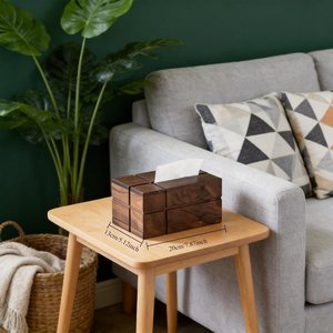 Boîte à mouchoirs carrée en bois artisanal moderne, design Wabi Sabi, finition bois naturel, organiseur de mouchoirs de table moderne par UO - Product Image 6