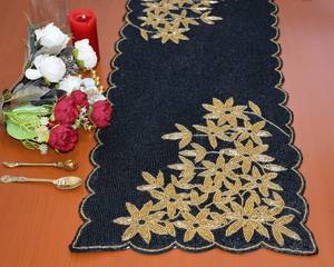 Black <b>Gold</b> Beaded <b>Table</b> <b>Runner</b> Rectangle Fabric Glam Handmade Mats - Product Image 4
