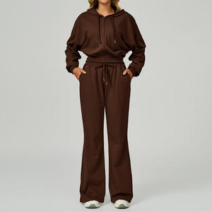 Ensemble de survêtement d'hiver pour femmes grande taille, couleur unie, sweat-shirt 100% coton avec pantalon de jogging deux pièces - Product Image 4