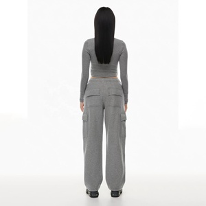 Most Popular Women's Gray Knitted <b>Cargo</b> Pants Mid <b>Waist</b> Full Length Loose Fit Solid Color Drawstring Casual Autumn <b>Cargo</b> Joggers - Product Image 2