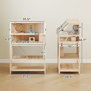 Gabbia Moderna in Legno Naturale per Criceti di Taglia Grande con Ripiano Inferiore Rimovibile, Ruota per Esercizio e Rampe - Product Image 3