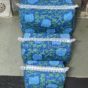 Blue Floral Embroidered Cotton Cosmetic Bag Set With Zipper Closure Portable <b>Makeup</b> Organizer Elegant Style Toiletry bag - Product Image 6