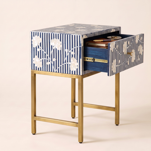 Mesa Auxiliar de Lujo India con Paneles de Madera y Incrustaciones de Hueso, Diseño Floral Moderno con Rayas, Muebles de Dormitorio de Alta Calidad para Exportación - Product Image 5