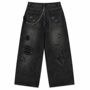 Jean en denim coupe large pour homme, taille haute, déchiré, broderie dragon noir, style chinois, coupe ample, streetwear, automne, en coton - Product Image 2