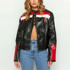 Blouson Moto Femme en Cuir PU de Qualité Supérieure 2026 – Col Montant Color Block, Manches Longues, Fermeture Éclair – Idéal Automne - Product Image 5