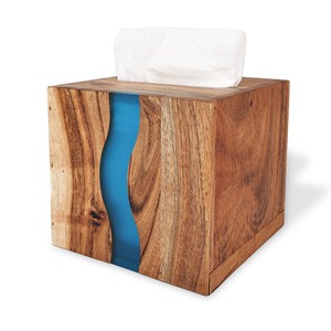 Porta pañuelos de madera de teca con resina turquesa |   Artesanía al por Mayor - Product Image 1