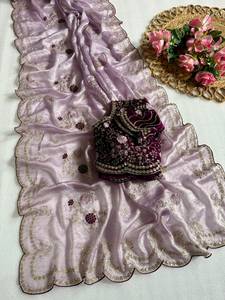 Indian Traditional Designer Satin Silk <b>Saree</b> Embroidery Sequins Work for Women Wedding Party Wear <b>Stitched</b> Blouse Recycled - Product Image 3