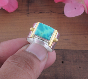 Anillo de Boda Unisex Clásico de Plata de Ley 925 con Turquesa Gema en Engaste de Bisel, Corte Cuadrado, Chapado en Oro de Dos Tonos, Venta al por Mayor - Product Image 3
