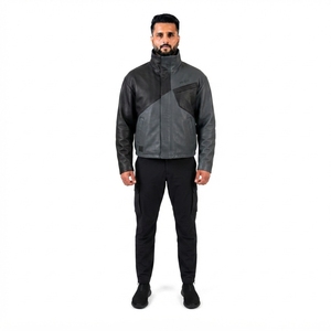 Wholesale Premium <b>Techwear</b> Leather <b>Jacket</b> Mens 0.9mm Laminated Lambskin Diagonal Color Block Waterproof Windproof Breathable - Product Image 1