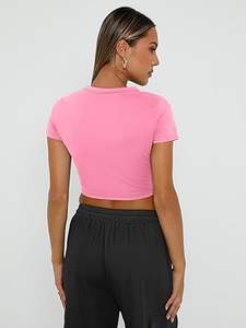 Camiseta Deportiva de Yoga, Ajustada, Corta, Lisa, Color Rosa, Transpirable, Cuello Redondo, Manga Corta, para Chicas, MOQ Bajo - Product Image 4