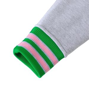 AKA Heather Grey Fleece Letterman <b>Jacket</b> Green <b>Pink</b> Stripe Unisex Varsity Style Embroidered Crest Patch Casual Outerwear - Product Image 4