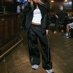 Custom Black Nylon Tracksuit Set, Unisex Zip-Up <b>Track</b> <b>Jacket</b> and Jogger Pants, Reflective Zipper Sportswear Windbreaker Set - Product Image 2