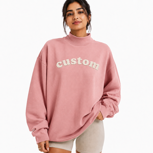 ODM <b>Women's</b> Oversized Long Mockneck Pullover Lightweight 100% Cotton <b>Fleece</b> Front Logo Drop Shoulder Clothing - Product Image 1