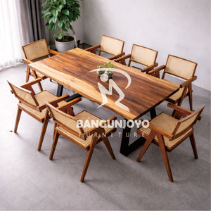 Teak Wood Dining Chairs Rattan Seats Backrests Suar Wood <b>Table</b> Iron <b>Legs</b>-Dining Room Set for Hotel Use Modern Minimalist Design - Product Image 1
