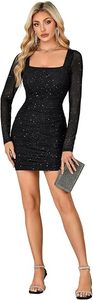 Robe mini de soirée pour femme à manches longues en résille, col carré, coupe ajustée, style clubwear sexy, modèle Signature - Product Image 6