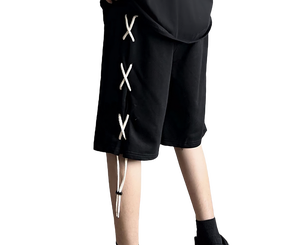 Custom Style Men's Black Casual Shorts With Criss-Cross Side <b>Lacing</b> <b>Elastic</b> Waist Mid Length Solid Color Design - Product Image 5