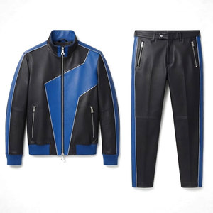 Men Genuine Leather Two Piece Tracksuit Set <b>Zip</b> <b>Up</b> <b>Jacket</b> And Matching Trousers Contemporary Casual Fashion Wear - Product Image 1