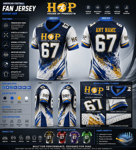 Men's V-Neck American Football Jersey Sublimated Print Moisture Wicking White Blue Regular Fit Custom Team Uniform - Product Image 6