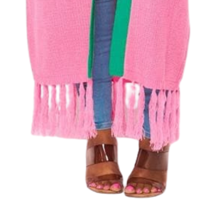 Cárdigan de punto estilo griego rosa y verde con flecos, cárdigan largo abierto con ribete en contraste, ropa exterior para mujer, rosa, verde, C - Product Image 4