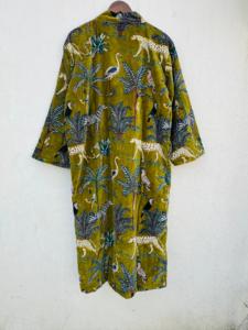 Kimono unisexe en velours, robe longue en coton, manches longues, col en V, fermeture à cordon, style classique, tissu tissé doux, motif floral - Product Image 2