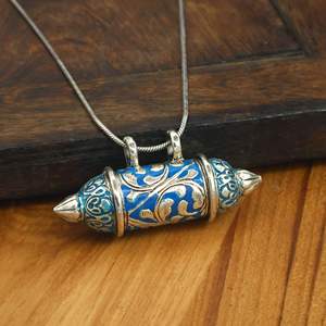 Openable Cylinder Locket Pendant Necklace Brass Antique Silver Green Enamel Floral Engraved Prayer <b>Box</b> <b>Keepsake</b> Indian Jewelry - Product Image 4