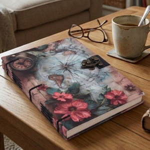 A5 Vintage World Map Handmade Paper <b>Notebook</b> | Eco Friendly High Quality Hardcover Lock Diary 100 Sheets Floral Compass Art - Product Image 4