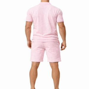 Light Weight 100% Cotton Breathable <b>Knitted</b> Solid Men's Summer Street Style Suits Two Piece Golf Polo Shirts and Shorts <b>Set</b> - Product Image 2
