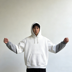 Sweat à capuche pour homme, coupe classique, 100% coton, hiver, manches superposées, poche contrastante, polaire, épaules tombantes, streetwear décontracté - Product Image 2