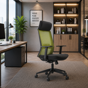 Fauteuil ergonomique de luxe à dossier haut avec base pivotante réglable électriquement, structure métallique et assise en tissu pour espace de travail moderne - Product Image 1