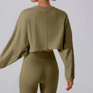 Women Olive Green Crew Neck <b>Long</b> <b>Sleeve</b> <b>Crop</b> <b>Top</b> Solid Color Loose Fit Yoga Shirt Breathable Spandex Polyester Workout Wear - Product Image 3