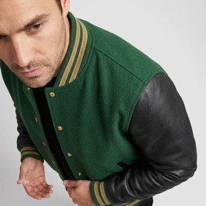 <b>Men's</b> Green Varsity <b>Jacket</b> With Black <b>Leather</b> Sleeves Button Closure Turn-down Collar Casual Fleece <b>Jacket</b> Autumn Wear - Product Image 5