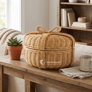 Round Woven Rattan <b>Gift</b> <b>Box</b> Basket with Lid Wicker Wardrobe Storage <b>Hamper</b> with Bow-Knot Accent Sustainable Holiday Use - Product Image 4