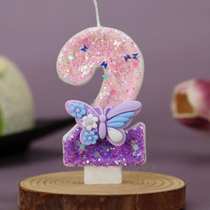 Purple Glitter Number <b>Candles</b> 0-9 Set with Butterfly Flowers for Birthday Cake Creative Decorative <b>Toppers</b> - Product Image 2