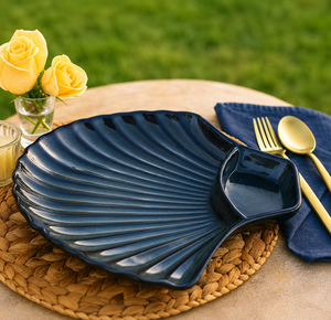 Blue <b>Ceramic</b> Leaf-Shaped Serving <b>Plate</b> With Sauce Compartment Premium Shell Design <b>Ceramic</b> Snack & Pasta Serving <b>Plate</b> - Product Image 2