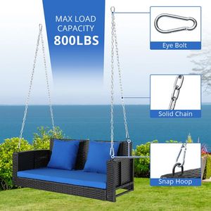 Sedia a dondolo da giardino in rattan nero da 49 pollici con cuscino blu per uso esterno - Product Image 4
