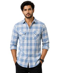 Camisa casual a cuadros azul cielo y blanco personalizada para hombre, corte ajustado, manga larga, con botones, de algodón, elegante, de calidad premium. - Product Image 1