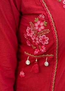 Conjunto de Kurta Tradicional Indio para Mujer, en Algodón Rojo Bordado, con Pantalón y Dupatta, Corte Regular, Largo hasta la Rodilla, para Fiestas, Vestido Diwali - Product Image 6